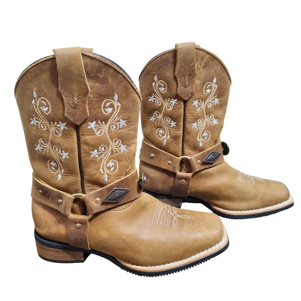 Parmeuna Boots Kids Tan Leather Western Cowboy Boots Size 3.5Y Or 20.5 Mexico